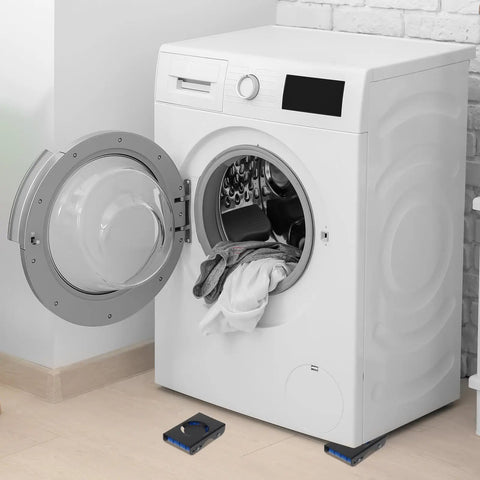 Heavy Duty Furniture Rollers With Wheels For Easy Moving Of Washing Machine Refrigerator Tank And Heavy Appliances Super Strong Plastic Iron Setup under a washing machine in a home setting.