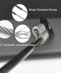 Close-up of 10 Pack 5mm Vinyl Coated Stainless Steel Wire Cable With Loops 12 Inch Lanyard Lock Security Chain For Outdoor Gates Black Heavy Duty Gate Hardware Weatherproof Rust Resistant 304 Grade 7x7 Strand showing vinyl coating and 7x7 strand construction.
