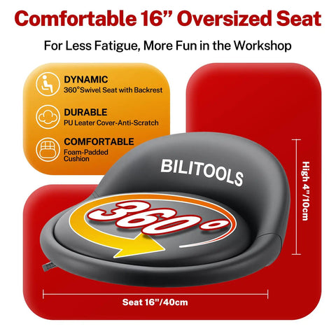 Adjustable Rolling Shop Stool With 360 Degree Swivel Padded Seat And Backrest Height Range From About Twenty One And A Half To About Twenty Nine And A Half Inches 330 Pound Weight Capacity Wheels And Tool Storage Shelf For Garage Workshop Auto Repair with 16 in comfort seat