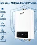 Ridiculously Fast Natural Gas Tankless Water Heater Dropping Instant Hot Water On Demand For Whole House Homes With Slick Digital Temperature Control and Zero Downtime Action safety features visual with multi-layer protection icons