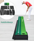 Indoor Golf Putting Mat With Auto Ball Return And Extended Rail Realistic Simulation Grass For Home Office Practice Great Gift For Golfers Who Love Golf And Mini Golf Set Accessories in use by a golfer on a light wooden floor