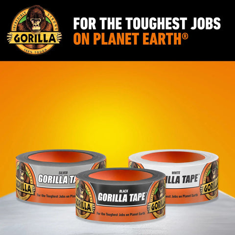 Three rolls of Gorilla Tape in black, white, and silver for toughest jobs, intense adhesive, and tough repairs on planet Earth.