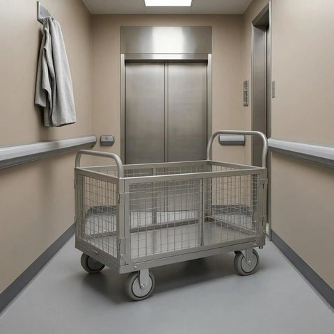 Beefed Up Heavy Duty Flatbed Wire Mesh Cart With Dual Handles And High Fence Sturdy Steel Construction Four Swivel Industrial Wheels Easy Haul For Steel Plates Up To 100 By 60 Heavy Load Trolley in hallway