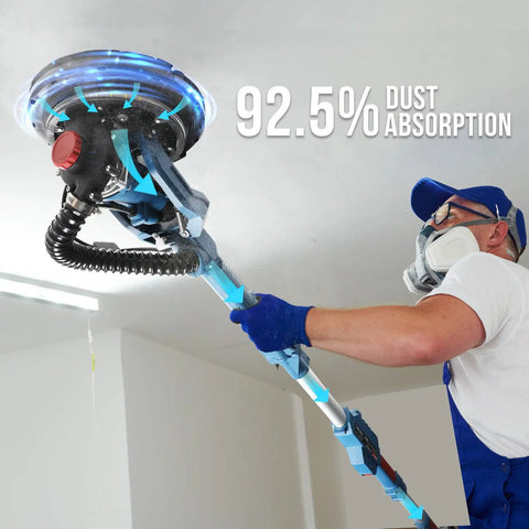Man using Heavy Duty Drywall Sander With Vacuum Dust Collection Pro Grade Power 900W 7.2A Variable Speed 800 1800 RPM on ceiling