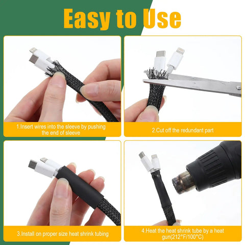 Step-by-step use of Expandable Braided Cable Sleeve Wire Loom Kit With PET Mesh Split Sheathing, 132 Ft Total Length, Four Sizes