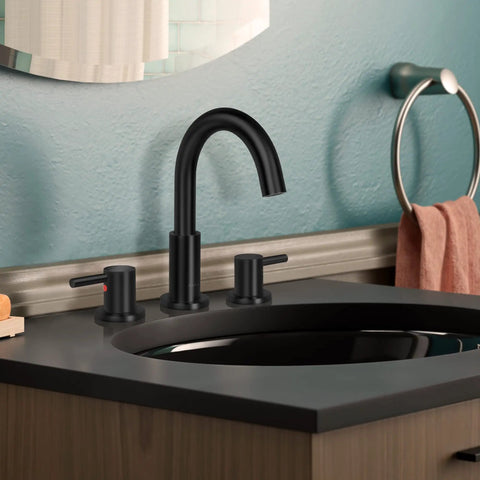 8 To 16 Inches Widespread Matte Black Bathroom Faucet With Two Handles, Sleek Modern Industrial Vanity Sink Faucet, pop-up drain