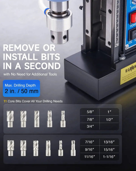 Beefy Magnetic Drill Press With 11 Drill Bits, 2 Inch Hole Capacity, featuring close-up of bit installation mechanism.