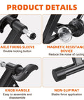 Close-up of Foldable Magnetic Indoor Bike Trainer components, including axle sleeve, resistance device, knob handle, and non-slip mat.