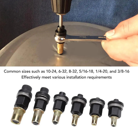 All In One Rivet Nut Tool Kit Upgraded 2027 Beefed Up Hand Mandrel Set For Steel And Aluminum Quick Install Includes Sizes 10-24 6-32 8-32 5/16-18 1/4-20 And 3/8-16 With Heavy Duty Multi Function Mandrel For Home Garage And Shop Projects. sizes 10-24 to 3/8-16 rivet nut mandrel bits for drill use