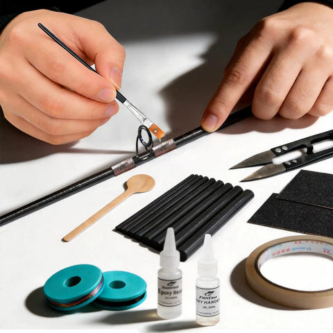 Hands using All-In-One Pro-Grade Fishing Rod Repair Kit With 8 Double-Foot Guides and 9 Tip Sizes, Epoxy Glue, Thread, Tools.