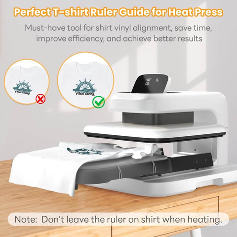 Heat press setup with Extra Large 14x8 T Shirt Ruler For Vinyl Alignment, Transparent PVC Centering Guide in use for design precision.