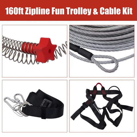 160 Ft Zip Line Kit For Backyard And Parks, Kids And Adults Outdoor Zipline With Stainless Steel Spring Brake, harness