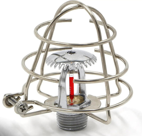 Five Pack Heavy Duty Half Or Three Quarter Inch Fire Sprinkler Head Guard Cage Protector Cover With Hella Rugged Zinc Steel Bracket showing a detailed view of the sprinkler head and protective cage.