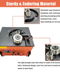 Built Like A Tank Electric Rebar Bender With Finger Tip Foot Switch Table Stand Setup For Quick Steel Rod Bending And Smooth 0 To 180 Degree Angles On Tough Jobs, showing sturdy worktable and steel idler wheel.