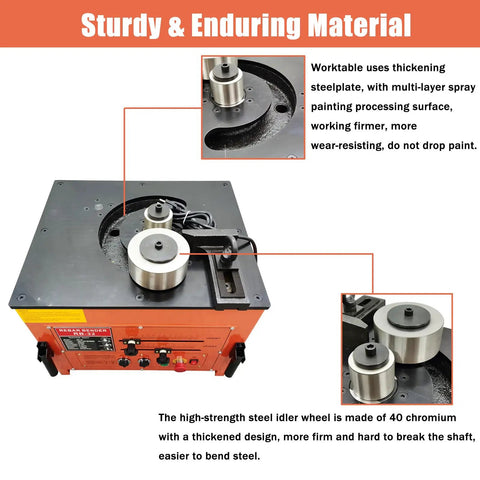 Built Like A Tank Electric Rebar Bender With Finger Tip Foot Switch Table Stand Setup For Quick Steel Rod Bending And Smooth 0 To 180 Degree Angles On Tough Jobs, showing sturdy worktable and steel idler wheel.