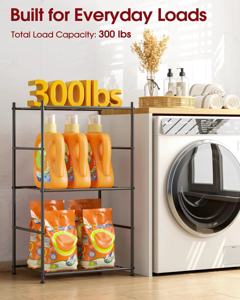 Three Tier Metal Storage Shelf Organizer For Small Spaces With Adjustable Feet Space Saving Heavy Duty Shelving Unit For Kitchen Garage And Laundry Room Each Shelf Supports Up To 100 Lbs Black next to laundry supplies and washer.