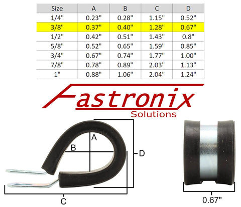 Beefy 3/8 Inch Rubber Cushioned Steel Cable Straps 10 Pack For Heavy Duty Wiring With 1/4 Inch Mount Hole size chart and strap image