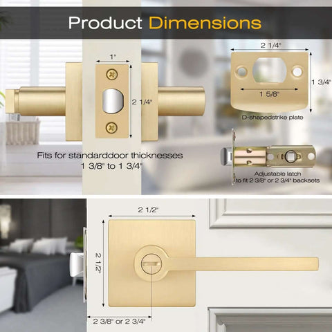 2 Pack Heavy Duty Keyless Privacy Door Handles Satin Brass Finish For Interior Bedroom And Bathroom Doors dimensions chart
