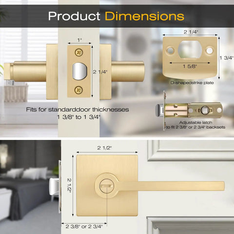 Dimensions of six pack gold door handles with satin brass levers for interior privacy doors, thumb turn lock and emergency release.