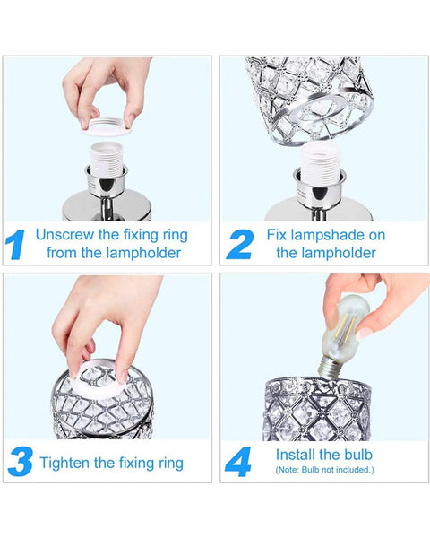Assembly steps for Crystal Table Lamp With 3 Way Dimmable Touch Control, Wireless Charging Pad And Dual USB Ports, Silver Finish.