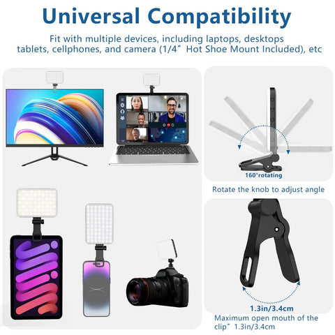 60 LED Portable Selfie Light With Clip On And Tripod Adapter shown with laptop, camera, and phone compatibility.