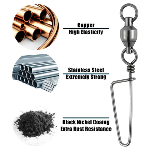 20 Pack Ball Bearing Snap Swivels For Fishing Saltwater And Freshwater Lure Clips Coast Lock Tackle Terminal Tackle Line Leaders 78 Lb Strength Built Tough For Heavy Duty Tackle, black nickel
