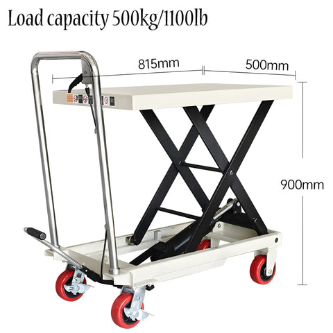 Heavy Duty Manual Hydraulic Scissor Lift Platform With Portable Folding Trolley Base And Durable Polyurethane Casters for smooth navigation and loading.