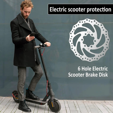 140mm Stainless Steel Disc Brake Rotor With 6 Bolts For Bikes And Electric Scooters, 6-Hole Mount next to scooter