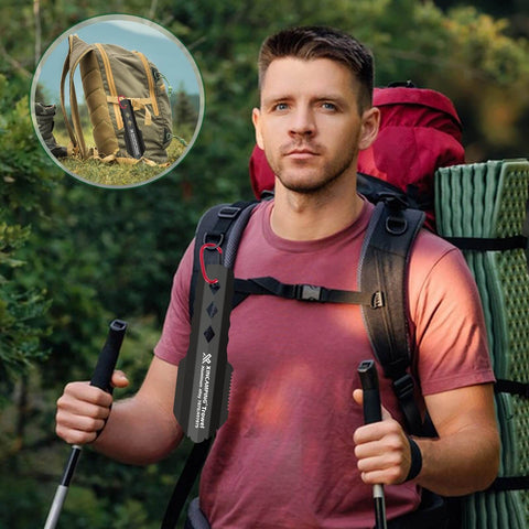 Hiker with gear and Ultralight Backpacking Trowel With Longer Handle Aluminum Camping Shovel for survival and hiking