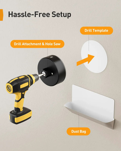 Drill with attachment and dust bag for Hide Cables Like A Pro With This In-Wall Cable Management Kit For Wall Mounted TV And Speakers.