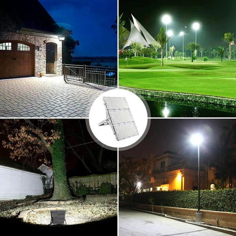 Beastly Bright 300W LED Flood Light With 24000 Lumens Outdoor Security Lighting 6000K Daylight White IP66 Waterproof in various settings including driveway, garden, and yard.