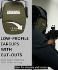 Two Pack Shooting Ear Protection Earmuffs NRR 26dB For Gun Range And Hunting Black And Green With Lightweight Design And Soft Foam Cushioned Ear Pads For All Day Comfort And Safe Hearing with a shooter aiming a rifle.