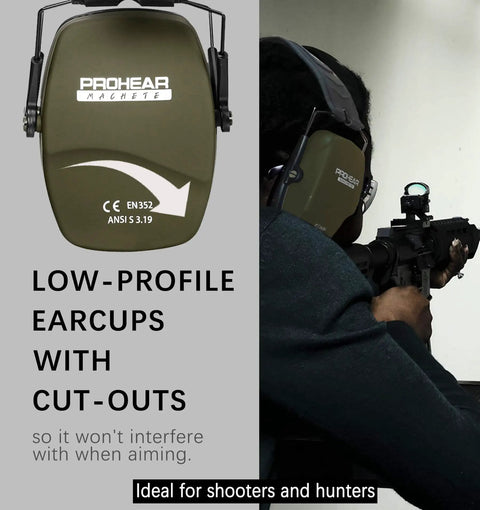 Two Pack Shooting Ear Protection Earmuffs NRR 26dB For Gun Range And Hunting Black And Green With Lightweight Design And Soft Foam Cushioned Ear Pads For All Day Comfort And Safe Hearing with a shooter aiming a rifle.