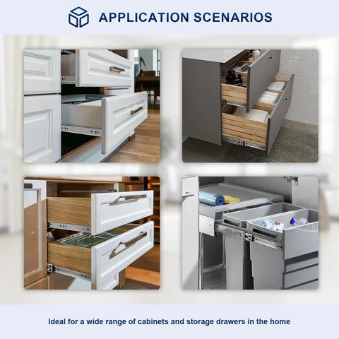 10 Pair 22 Inch Soft Close Drawer Slides Featuring Robust Ball Bearing Track Full Side Mount Design With Heavy Duty Build For Sweet Dresser Glide Action That Runs Smooth As Butter displayed in various cabinet applications.