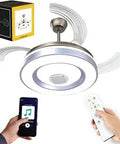 Retractable Ceiling Fan With Bluetooth Speakers And Dimmable Led Lights Three Color Temperature Remote Adjustable Speed And Voice Control Bladeless Modern Ceiling Fan For Bedroom Living Room Kitchen with remote and smartphone control shown