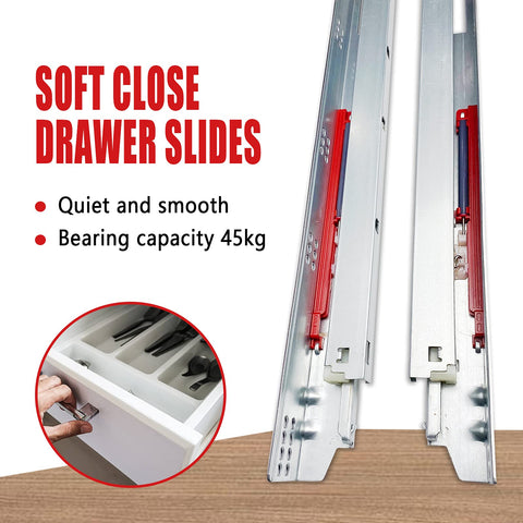 Undermount Drawer Slides 24 Inch Six Pairs Soft Close Full Extension Concealed Runners Easy Install With Rear Brackets And Locking Device 2D Up Down Adjustment SGCC Steel 1.8x1.5x1.0mm 100 Lb Capacity Silver, showing quiet, smooth operation, 45kg holding capacity