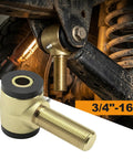 Heavy Duty Three Quarter Sixteen Thread Rod End Bushing Kit With Tough Polyurethane Sleeves And Left Right Heim Joints For Badass Suspension Builds And Custom Fabrication Rigs On The Road, showing threaded steel bushing installed on suspension.