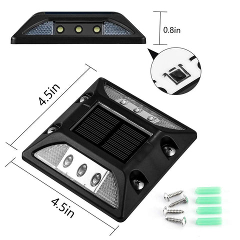 Solar Powered LED Deck Lights 6 Pack For Walkways And Driveways with dimensions and mounting hardware