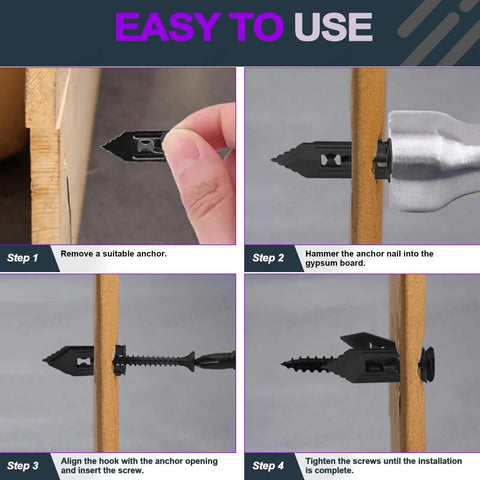 DIY 201-Piece Drywall Self-Drilling Anchors And Screws Kit With Drill Bit, Zinc Plated Black, showing installation steps.
