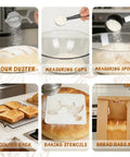 Ultimate Sourdough Starter Kit For Home Bakers with cooling rack, baking stencils, measuring cups, duster, and bread bags.