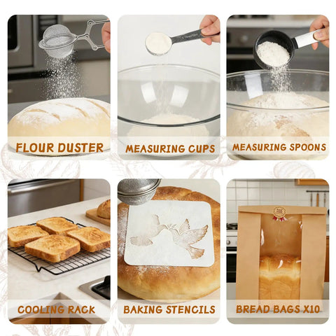 Ultimate Sourdough Starter Kit For Home Bakers with cooling rack, baking stencils, measuring cups, duster, and bread bags.
