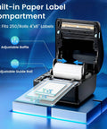Compact Bluetooth 4x6 Thermal Shipping Label Printer D450BT open with built-in paper label compartment, showing 4x6 labels.