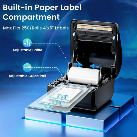 Compact Bluetooth 4x6 Thermal Shipping Label Printer D450BT open with built-in paper label compartment, showing 4x6 labels.