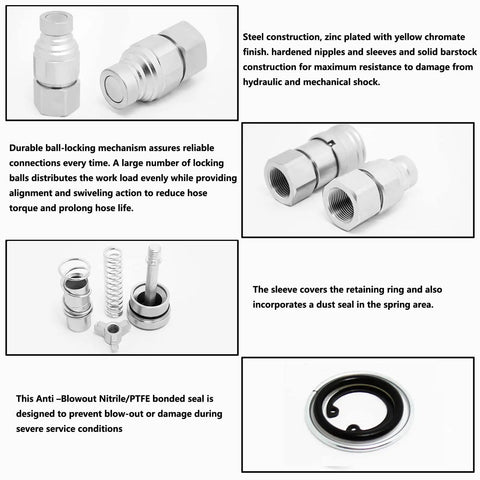 Components of Three Eighths Inch NPT Flat Face Hydraulic Quick Disconnect Coupling For Skid Steer Bobcat ISO 16028 Quick Connect