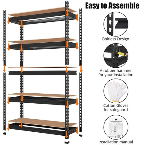 Heavy Duty Metal Storage Shelves 48 x 24 x 72 In Five Tier Adjustable Rack For Garage, Kitchen And Warehouse Ultra Sturdy Versatile Shelving Unit That Grows With Your Stuff. Boltless assembly diagram