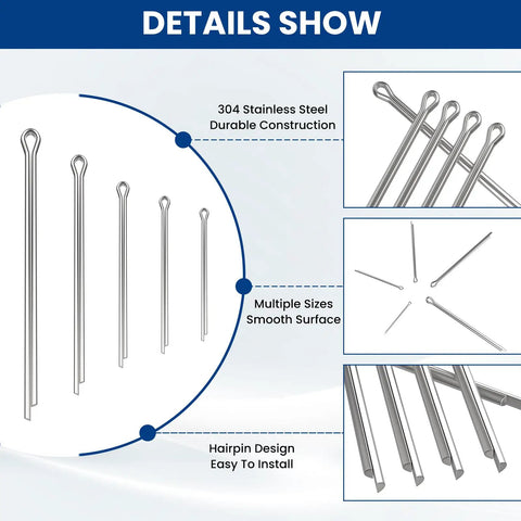 Stainless Steel Cotter Pin Set 50 Pieces Assortment Kit with 5 Sizes M1.5 X 25mm to M4 X 80mm for cars mechanics lawn mower