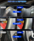 Before and after using the Tesla Steering Wheel Repair Kit 8 Piece Leather And Vinyl Restorer For Model 3 Y S X DIY Fix.