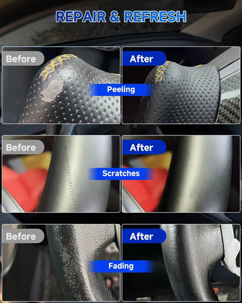 Before and after using the Tesla Steering Wheel Repair Kit 8 Piece Leather And Vinyl Restorer For Model 3 Y S X DIY Fix.