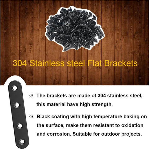 Black 304 Stainless Steel Flat Brace Mending Plates Set Of 8 3 Inch Wood Furniture Repair Brackets With Screws on wooden background