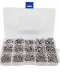 Grab This Pro Grade Hex Head Screw And Nut Kit In 304 A2 Stainless Steel, 12 Sizes M3 M4 M5, 500 Pieces Per Carton, visible storage box.